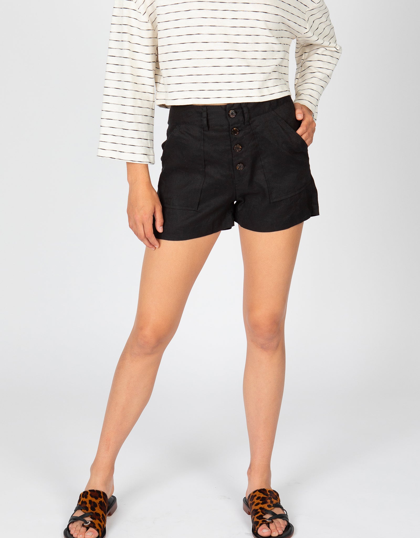 High Waisted Button Front Linen Short, 3 Colors