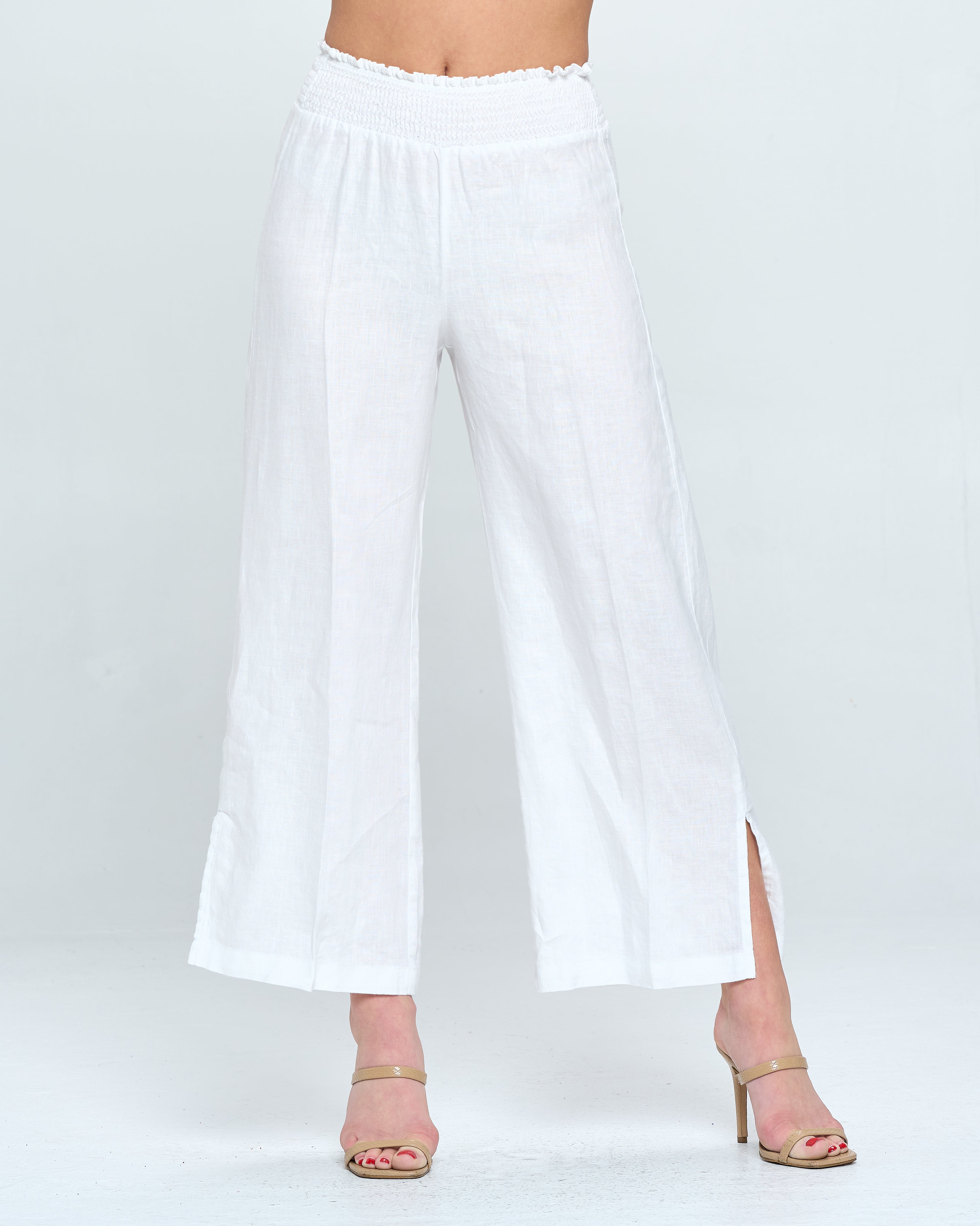 Linen Smocked Waist Crop Pant | White – 4OURDREAMERS