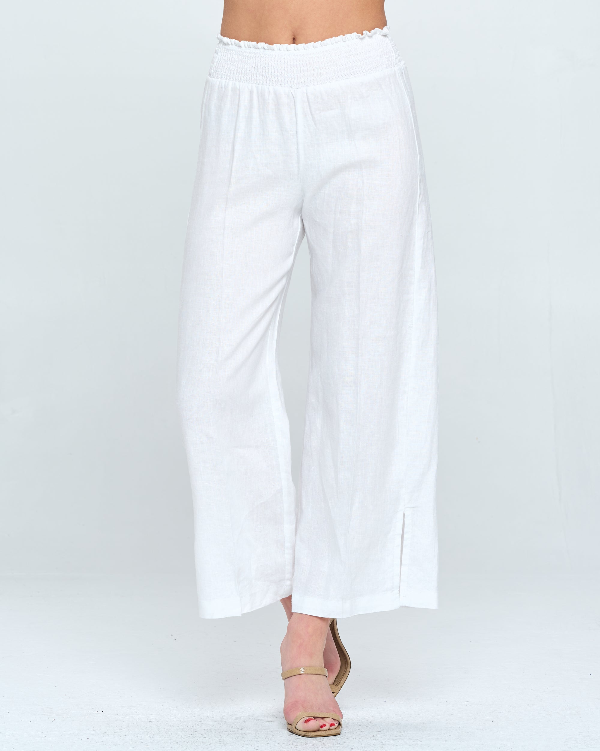 Linen Smocked Waist Crop Pant | White