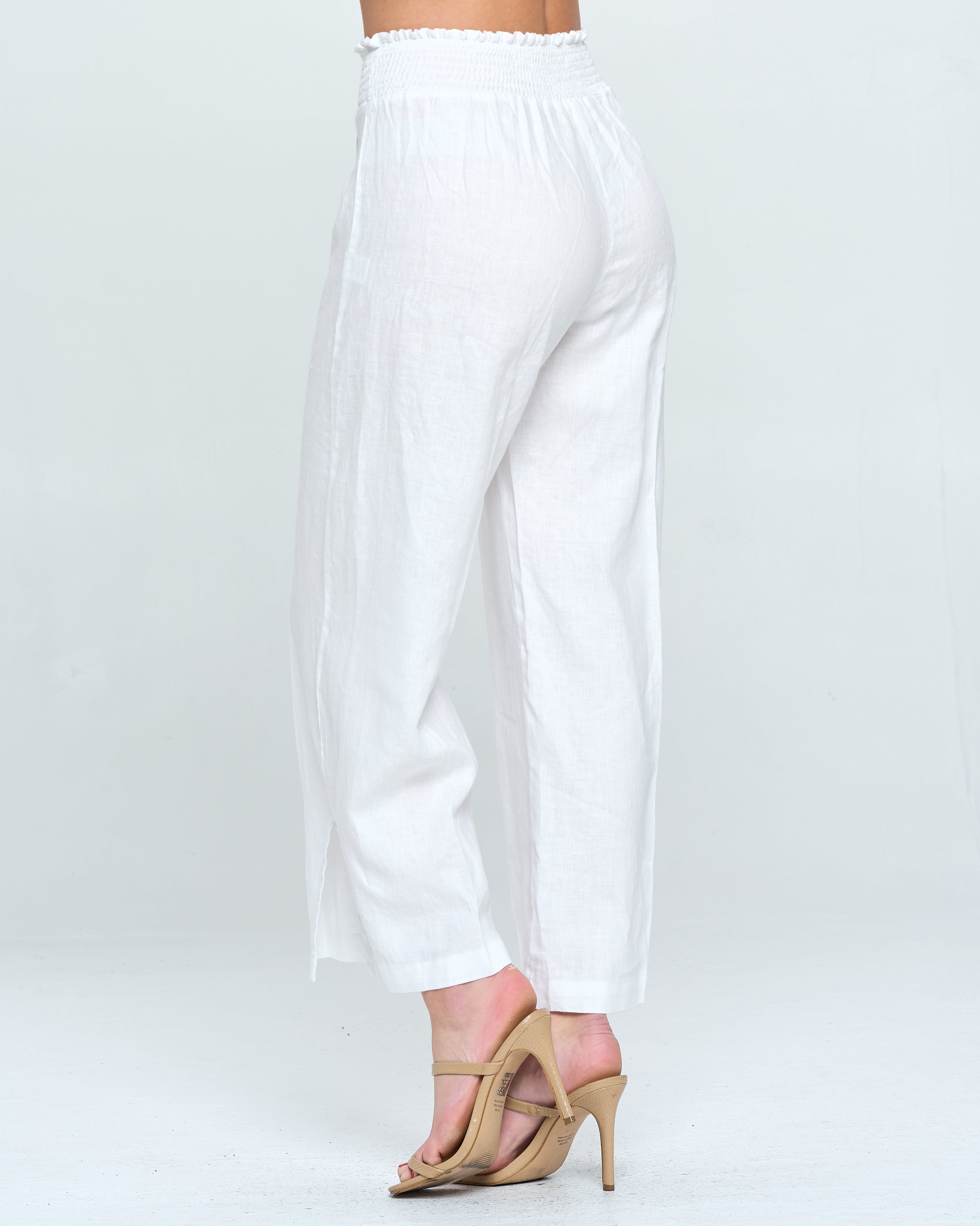 Linen Smocked Waist Crop Pant | White – 4OURDREAMERS