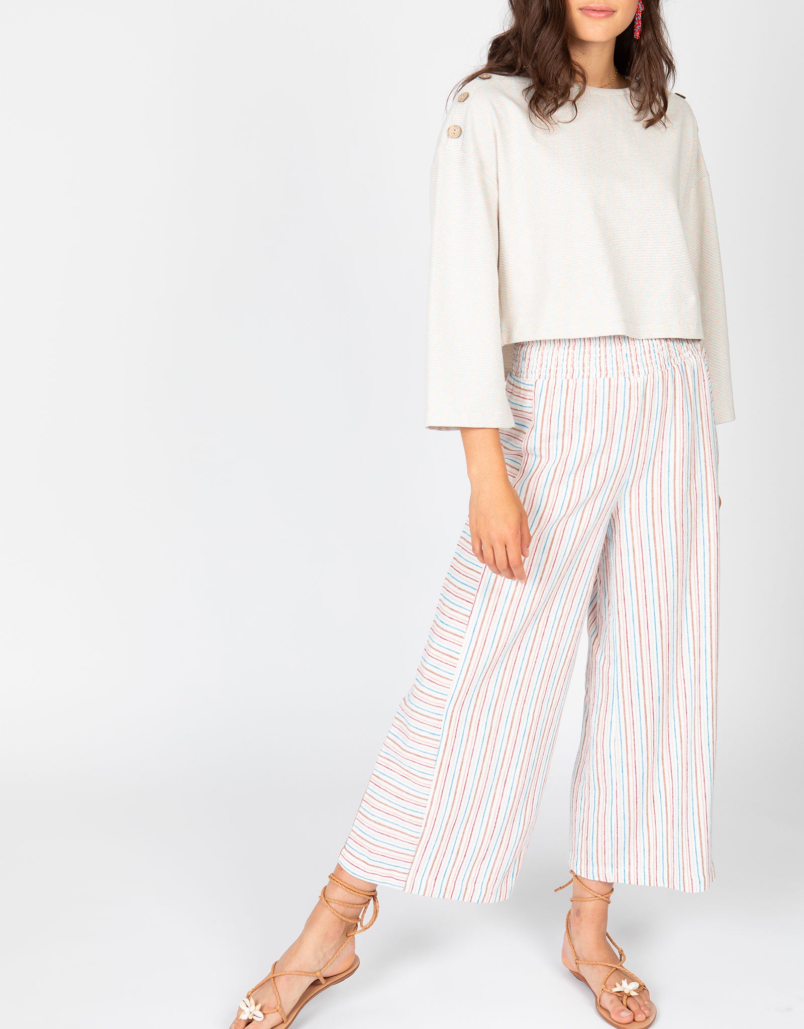 Striped Ruched Waist Crop Pant | Black + White