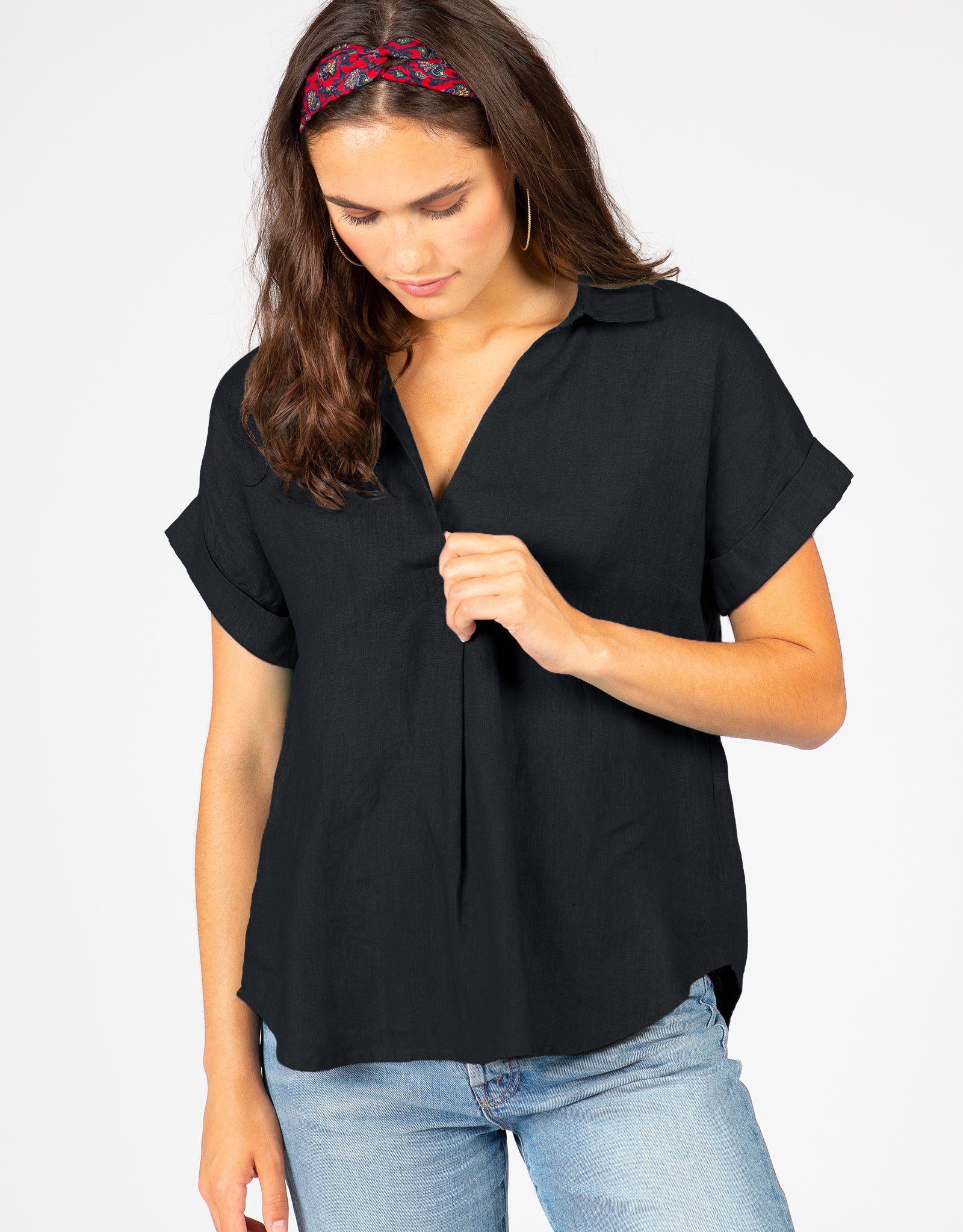 Short Sleeve Linen Popover | Black