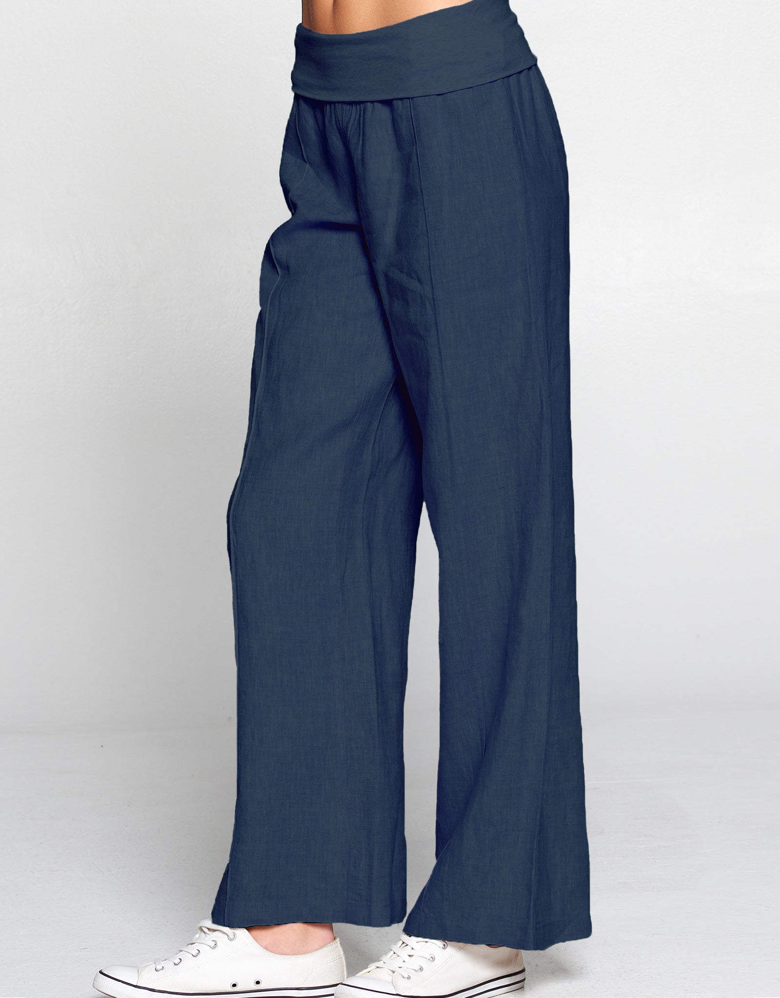 Linen Foldover Waist Pant | Navy