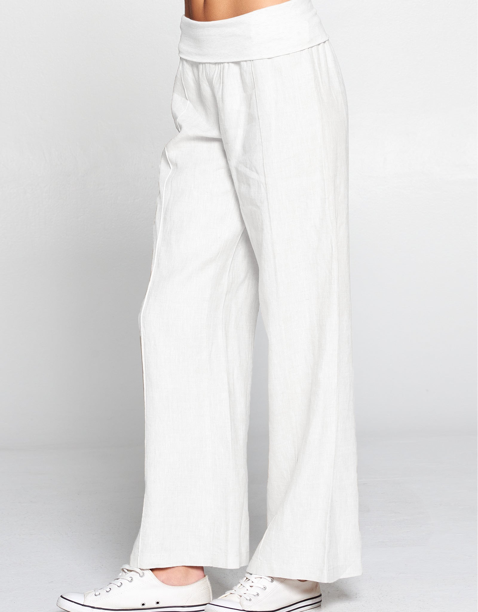 Linen Foldover Waist Pant | White
