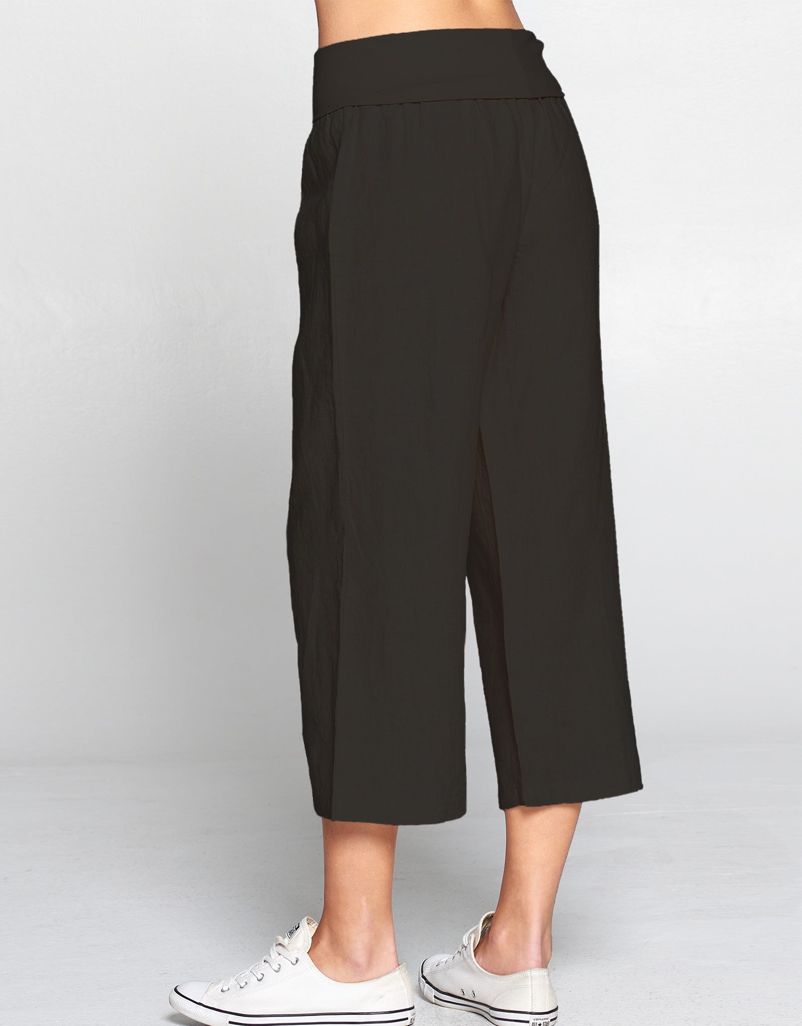Linen Foldover Waist Crop Pant | Black