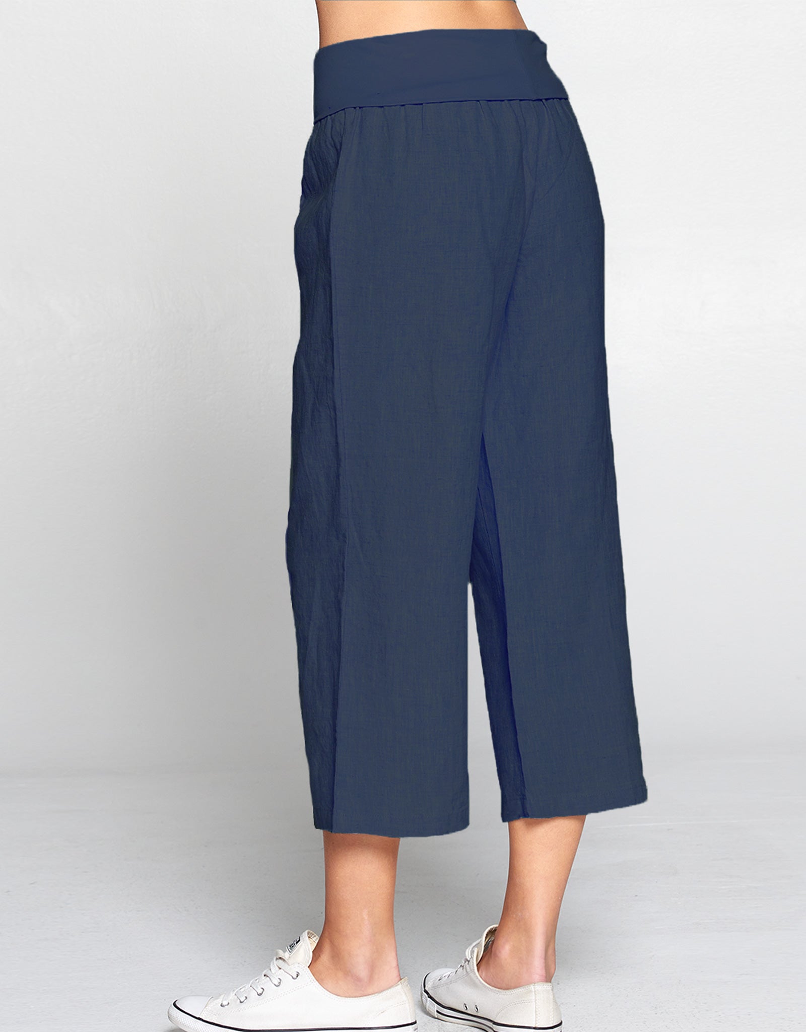 Linen Foldover Waist Crop Pant | Navy