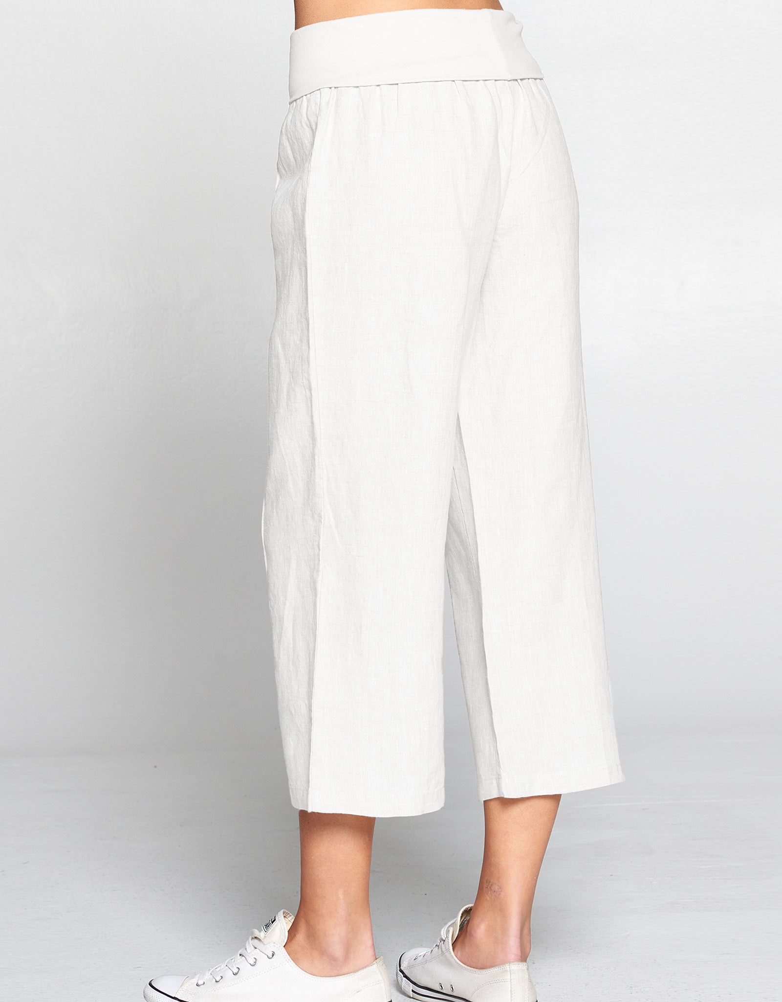 Linen Foldover Waist Crop Pant | White